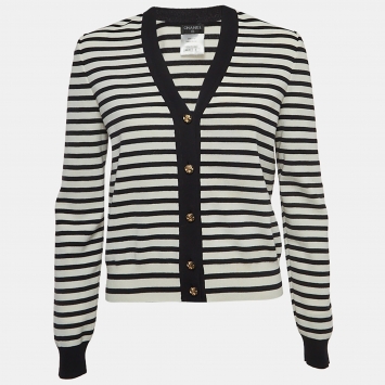 Pre Owned Chanel Black/White Striped Patterned Knit Cardigan M