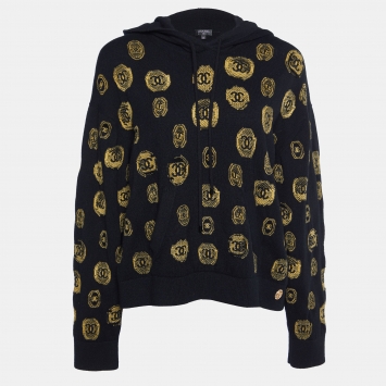 Pre Owned Chanel Black CC Coin Cashmere Knit Hooded Sweater M