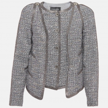 Pre Owned Chanel Black/Multicolor Tweed Crystal Trimmed Jacket S