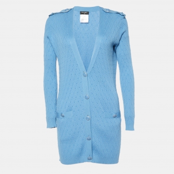 Pre Owned Chanel Blue Knit Buttoned Cardigan S