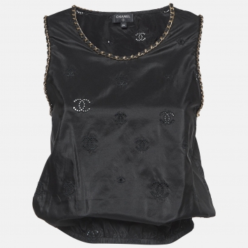 Pre Owned Chanel Black Logo Embroidered Silk Chain Embellished Top S