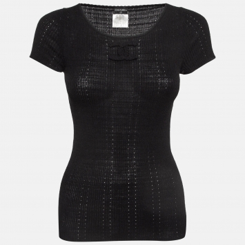 Pre Owned Chanel Black Logo Embroidered Rib Knit Top S