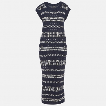 Pre Owned Chanel Navy Blue Logo Intarsia Knit Maxi Dress M  