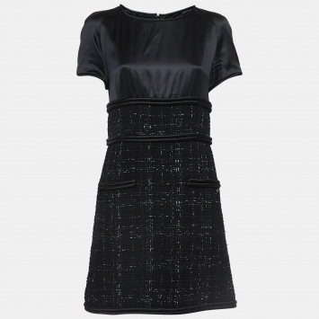 Pre Owned Chanel Black Silk and Tweed Short Sleeve Mini Dress M