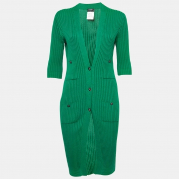Pre Owned Chanel Green Rib Knit Buttoned Midi Dress S