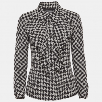 Pre Owned Chanel Monochrome Houndstooth Tweed Ruffled Jacket M