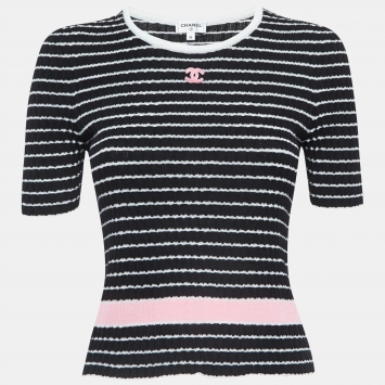 Pre Owned Chanel Black Striped Knit Logo T-Shirt S