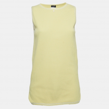 Pre Owned Chanel Yellow Knit Logo Sleeveless Top L