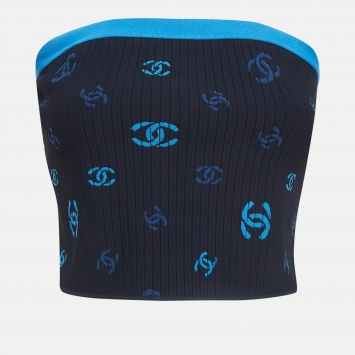 Pre Owned Chanel Navy Blue Printed Knit Tube Top M