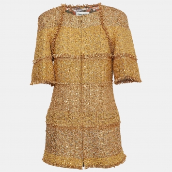 Pre Owned Chanel Gold Tweed Lurex Fringed Jacket L