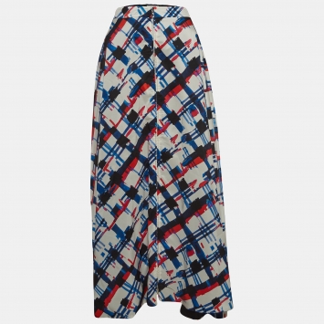 Pre Owned Chanel White Printed Silk Zip Front Maxi Skirt L