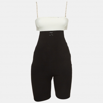 Pre Owned Chanel Black & White Logo Detail Terry Sleeveless Playsuit S