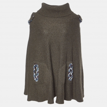 Pre Owned Chanel Green Cashmere Knit Detachable Hood Poncho Sweater M