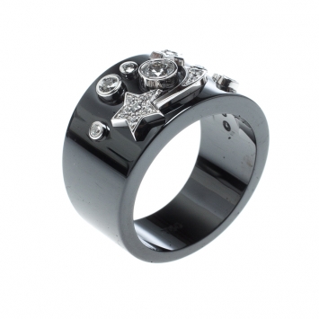 Pre Owned Chanel Cosmique de Chanel Diamond 18k White Gold Ceramic Band Ring Size 50