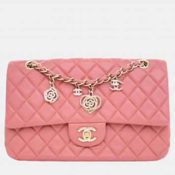 Pre Owned Chanel Peach Lambskin Leather Medium Classic Single Flap Valentine Charm Shoulder Bag