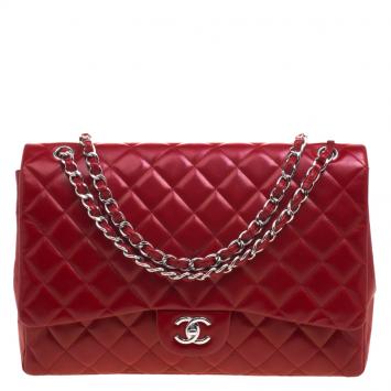 Pre Owned Chanel Red Quilted Leather Maxi Classic Single Flap Bag