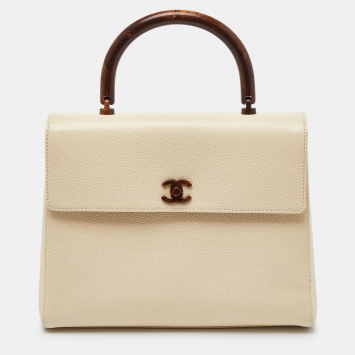 Pre Owned Chanel Ivory Caviar Leather Vintage Kelly Bag