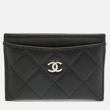 Pre Owned Chanel Black Quilted Caviar Leather CC Card Holder