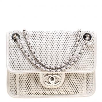 Pre Owned Chanel Off White Perforated Leather Up in the Air Classic Flap Bag