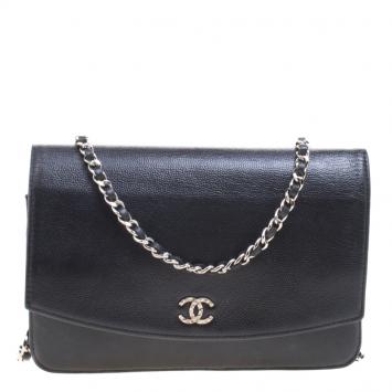 Pre Owned Chanel Black Caviar Leather Sevruga Wallet on Chain