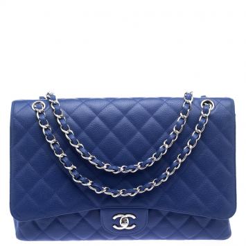 Pre Owned Chanel Blue Quilted Caviar Leather Maxi Classic Single Flap Bag