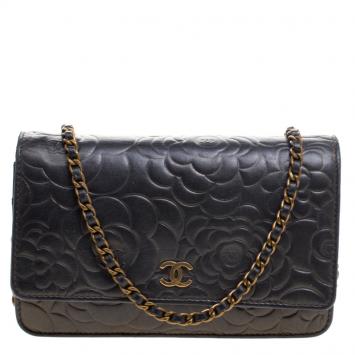 Pre Owned Chanel Metallic Black Leather Camellia Wallet on Chain