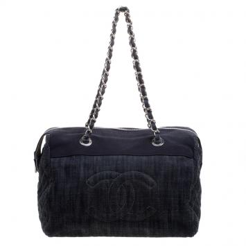 Pre Owned Chanel Navy Blue Quilted Denim CC Bowling Bag