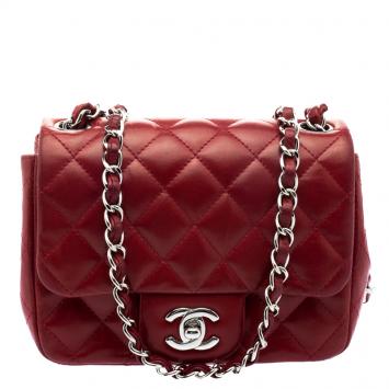 Pre Owned Chanel Red Quilted Leather Mini Square Classic Flap Bag