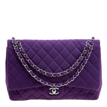 Pre Owned Chanel Purple Quilted Jersey Maxi Classic Single Flap Bag