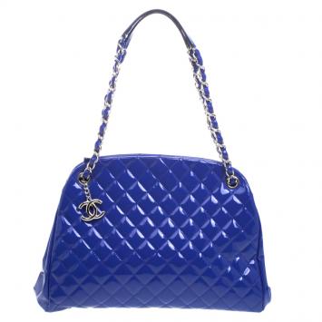 Pre Owned Chanel Blue Quilted Patent Leather Just Mademoiselle Bowling Bag