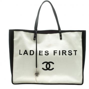 Pre Owned Chanel White/Black Canvas Ladies First Shopper Tote
