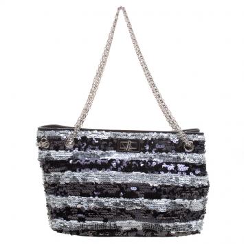 Pre Owned Chanel Black/Silver Stripe Sequins Reissue Shoulder Bag