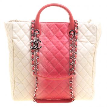 Pre Owned Chanel Cream/Rose Ombre Quilted Caviar Leather Shopping Tote