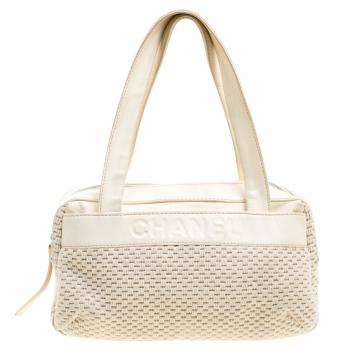 Pre Owned Chanel Cream Fabric and Leather Bowling Bag