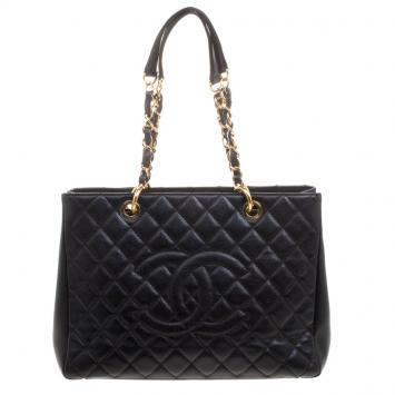 Pre Owned Chanel Black Quilted Caviar Leather Grand Shopping Tote