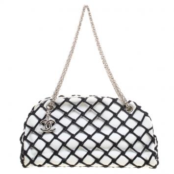 Pre Owned Chanel Black/White Canebiers Leather Medium Just Mademoiselle Bowling Bag