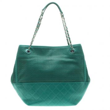 Pre Owned Chanel Green Perforated Leather Up In The Air Tote