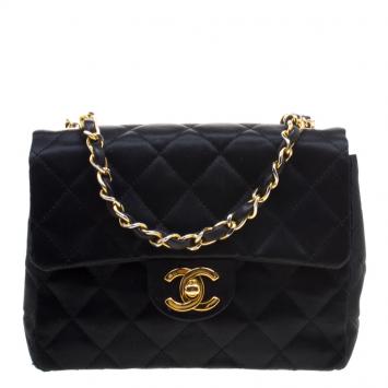 Pre Owned Chanel Black Quilted Satin Mini Classic Single Flap Bag
