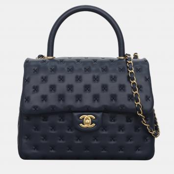 Pre Owned Chanel Dark Blue Lambskin Paris-Rome Cross-Stitch Coco Top Handle Bag