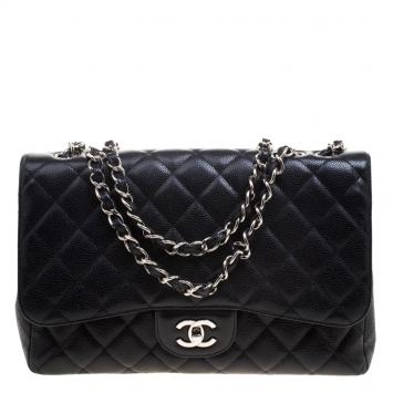 Pre Owned Chanel Black Quilted Caviar Leather Jumbo Classic Single Flap Bag