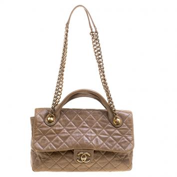 Pre Owned Chanel Beige Quilted Glazed Leather Medium Castle Rock Top Handle Bag