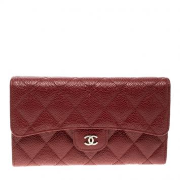 Pre Owned Chanel Red Quilted Caviar Leather Classic Flap Wallet