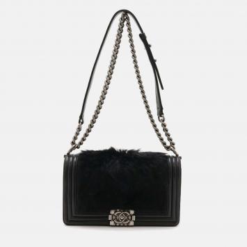Chanel Black  Lambskin Fur Chanel 25 Coco Mark Boy Bag 