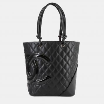 Chanel Cambon Line Medium Tote Bag Leather Enamel Black