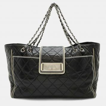 Chanel 2.55 Matelasse Turnlock Tote Bag Shoulder Double Chain Calf Leather Black White
