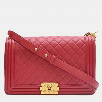 Chanel Boy Chanel Matelasse Lambskin Leather Chain Shoulder Bag Red