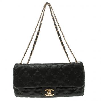 Pre Owned Chanel Black Quilted Wild Stitch Caviar Leather Classic Flap Shoulder Bag