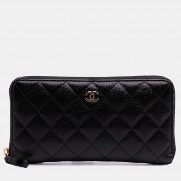 Chanel Black CC Quilted Caviar Zip Around Long Wallet
