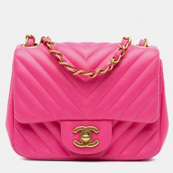 Chanel Pink Mini Square Classic Chevron Lambskin Single Flap