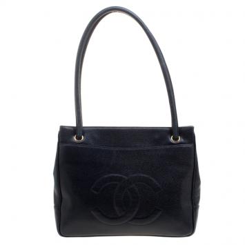 Pre Owned Chanel Navy Blue Caviar Leather CC Tote